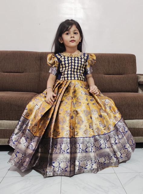 kids gown kanjivaram silk Yellow Children clothing distributors in Hyderabad